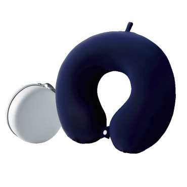 Perna de Calatorie in Forma de U,  Pentru Gat si Cap, Umplutura din Spuma cu Memorie, 30x30 cm, Sistem Prindere Capse, Cutie de Depozitare, Albastru Marin