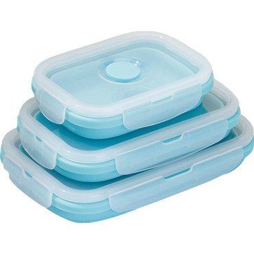 Set 3 caserole pliabile Cyrax, din silicon, rezistenta la temperaturi ridicate, usor de depozitat si curatat, 350/500/800 ml, utilizare in cuptorul cu microunde, albastra