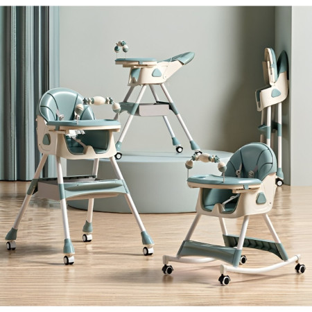 Scaun de Masa pentru Bebelusi si Copii, Cyrax, 2 Tavite cu Jucarii si Husa Detasabile, Multifuncțional, Stabil, Centura de Siguranta, Spatar Reglabil Moale, Balansoar, Cos de Depozitare, de la 6 Luni, 97x73x65cm, Turcoaz