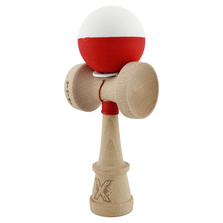 Kendama X Originala, Profesionala, Cyrax, Rubber Grip, Cupe Mari KING SIZE V3, Gaura in Baza, Rulment Metalic, din lemn 18 cm, Ata 62/65 cm, Bicolor Alb/Rosu