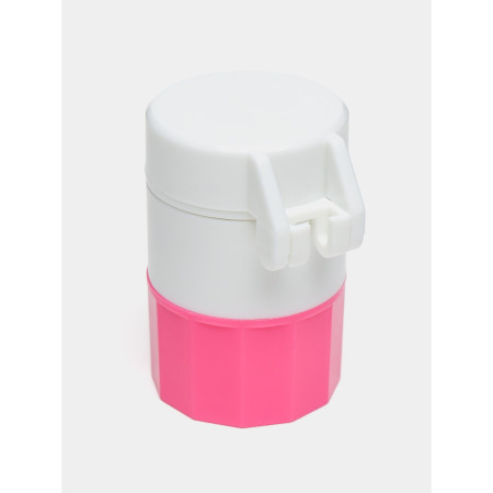 Cutie Pastile Multifunctionala,  4 in 1, Pahar Apa, Taiere, Sfaramare, Depozitare, Compact, ABS cu Lama din Inox, Alb/Roz, 8.7x6.2x4.1 cm