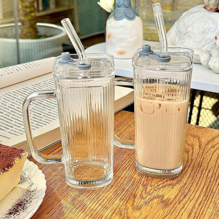 Pahar pentru Racoritoare, Cyrax, din Sticla, 330 ml, cu Pai si Maner, Model Clear Dungi Verticale, Transparent