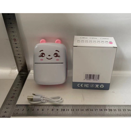 Set Mini Imprimanta Foto Portabila, Cyrax, Include: 1x Set de Markere, 5x Role de Hartie Termica, 5x Role Hartie Adeziva, Incarcare USB, Bluetooth, Print Alb-Negru, Model Ursulet, Alb/Roz