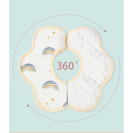 Baveta Tip Floare, Cyrax, din Bumbac, pentru Copii 0-12 Luni, Rezistenta la apa, cu Capse, Model Curcubeu, 26 x 29 cm, Alb