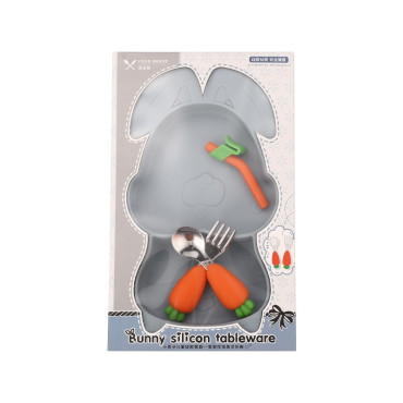 Set diversificare bebelusi Cyrax, din silicon, 26 x 15 cm, 1 farfurie compartimentata in forma de iepure, lingurita si furculita, pai, perie pai, fara alergeni, ventuza fixare,  forma creativa,  bleumarin