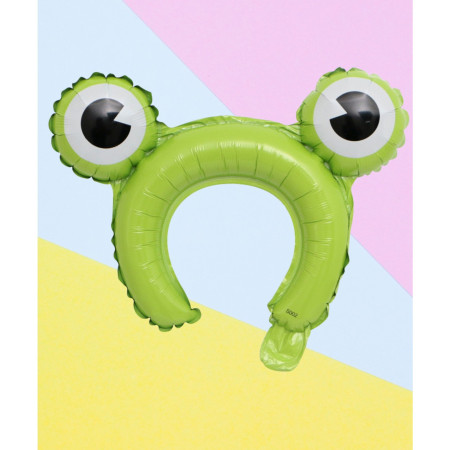 Balon din Folie Metalizata, Cyrax, Tip Coronita cu Urechi, Model Broasca, Ambalaj Individual, Pai Inclus, Umflare cu Aer sau Heliu, 28 x 31 cm, Verde