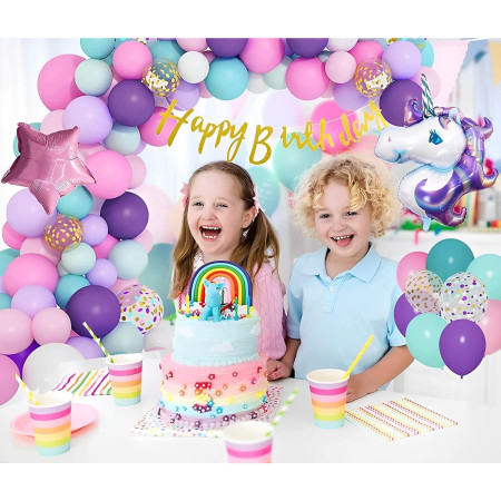 Balon din Folie Metalizata, Cyrax, Mini Figurine, Model Unicorn, Tematica Aniversare, 115x76 cm, Ambalaj Individual, Pai Inclus, Umflare cu Aer sau Heliu, Multicolor