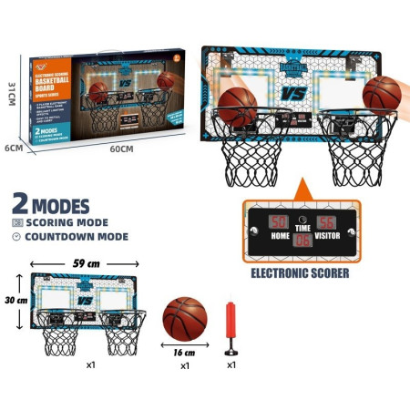 Set 2 Cosuri de Baschet pentru Copii, Cyrax, cu Tablou de Bord Electronic, Pentru 2 Jucatori, Minge, Pompa, 2 Moduri, Interior/Exterior, Inel Metalic si Rabatabil cu Arc, Luminos, 60x31x6 cm, Multicolor