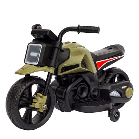Motocicleta Electrica cu 2 Roti Mari si 2 Roti Ajutatoare, Cyrax, Acumulator Incarcare, Anti-Rasturnare, Lumini, Muzica, Motor:380, Baterie 6V4.5, 41.5x70x34 cm, 4.5 Kg, 3 Ani+, Verde Negru