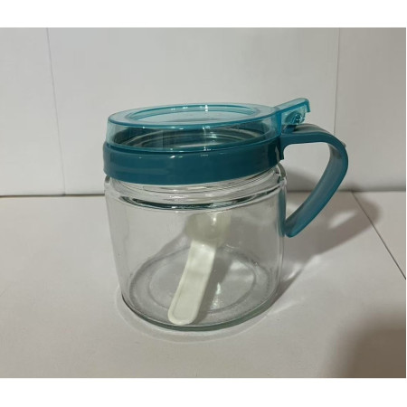 Recipient Condimente, Cyrax, din Stilca, 180 ml, cu Maner si Lingurita, 8 x 9 cm, Capac Transparent, Albastru