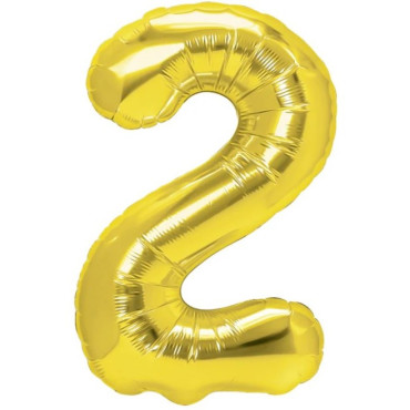Balon din Folie Metalizata Cyrax, Figurina Cifra, Tema Aniversare 40 cm, Ambalaj Individual, Pai inclus, Umflare cu Aer sau Heliu, Auriu, Cifra 2