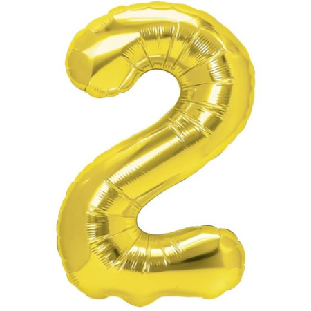 Balon din Folie Metalizata Cyrax, Figurina Cifra, Tema Aniversare 40 cm, Ambalaj Individual, Pai inclus, Umflare cu Aer sau Heliu, Auriu, Cifra 2