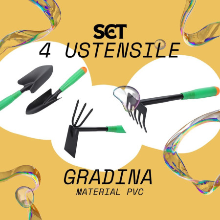 Set 4 Unelte de Gradina  pentru Plantare Prelucrare Sol si Ingrijire Plante, Material PVC si cardboard, 31.5 x 8.5 cm, verde