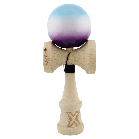 Kendama X Originala, Profesionala, Cyrax, Big Cups V2, Super Sticky cu Cupe Mari, din lemn 18 cm, Rulment Metalic cu Ata 55 cm, Albastru/Alb/Mov