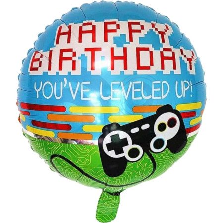 Balon din Folie Metalizata, Cyrax, Mini Figurina Rotunda, Model Happy Birthday Gamer, Tema Aniversare, 45 cm, Ambalaj Individual, Pai inclus, Umflare cu Aer sau Heliu, Albastru