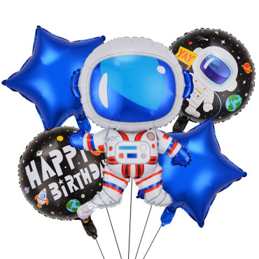 Set 5 baloane din folie metalizata HAPPY BIRTHDAY, Cyrax, Figurina Model Astronaut, Stelute Albastre, Adeziv si pai incluse, 78 x 45cm, Albastru inchis