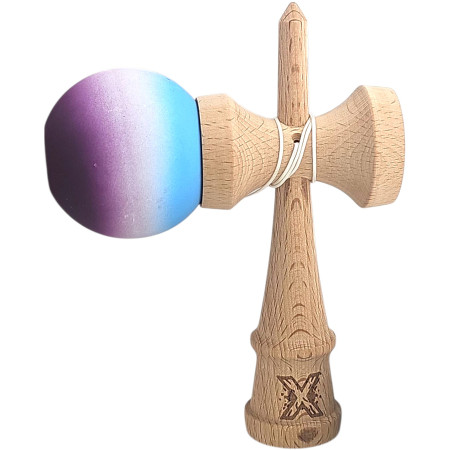 Kendama X Originala, Profesionala, Cyrax, din Lemn, Rubber Grip, 18 cm, Albastru/Alb/Violet 