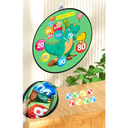 Joc Darts Cyrax pentru Copii, Placa Pliabila 70 cm, 8 Mingii Velcro/Scai Simple, 2 Mingii Luminoase, Model Dinozaur Park, Verde