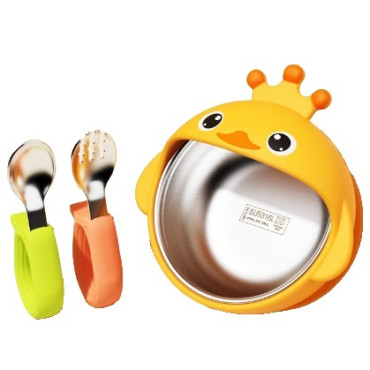 Set 3 Piese Diversificare Bebelusi si Copii, Cyrax, Bol, Lingura si Furculita, Model Ratusca, din Silicon si Otel Inoxidabil, Galben