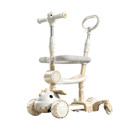 Trotineta Multifunctionala 6 in 1, Cyrax, Pentru Copii De La 10 Luni Pana La 12 Ani, Cu Maner De Impingere, Reglabil 360, Pliere Usoara, Reglarea Inaltimii, Model Dinozaur, Alb/Bej