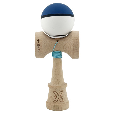 Kendama X Originala, Profesionala, Cyrax, Cupe Mari KING SIZE V3, Rubber Grip, Gaura in Baza, Rulment Metalic, din lemn 18 cm, Ata 62/65 cm, S Bicolor Albastru inchis/Alb