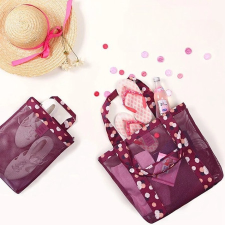 Geanta de Plaja, Cyrax, din Plasa Transparenta, Imprimeu Floral, 43 x 10 x 33 cm, Model pentru Umar, Lungime Inferioara 33 cm, Burgundy