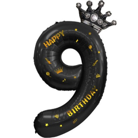 Balon din Folie Metalizata Cyrax, Figurina Cifra si Coroana, Scris Happy Birthday, Tema Aniversare 100 cm, Ambalaj Individual, Pai inclus, Umflare cu Aer sau Heliu, Negru, Cifra 9