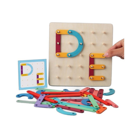 Jucarie Montessori Pegboard, Cyrax, din Lemn, Tip Puzzle, Forme, Litere, Educativ, 17.8 x 17.8 x 1.5 cm, Multicolor