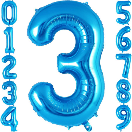 Balon din Folie Metalizata Cyrax, Figurina Cifra, Tema Aniversare 40 cm, Ambalaj Individual, Pai inclus, Umflare cu Aer sau Heliu, Albastru, Cifra 3