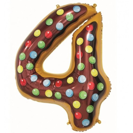 Balon din Folie Metalizata Cyrax, Figurina Cifra, Imprimeu Gogosi, Tema Aniversare 100 cm, Ambalaj Individual, Pai inclus, Umflare cu Aer sau Heliu, Multicolor, Cifra 4