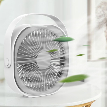 Mini ventilator pentru birou cu usb,  rotire 360 grade, 3 viteze, 1500 mA, 13.5 x 12,8, Alb