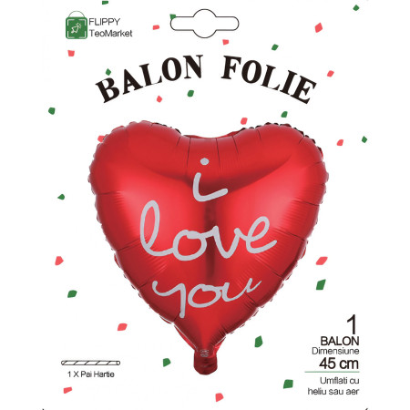 Balon din Folie Metalizata, Cyrax, Figurina Inima, Model I Love You Scris de Mana, Tema Ziua Indragostitilor, 45 cm, Ambalaj Individual, Pai Inclus, Umflare cu Aer sau Heliu, Rosu