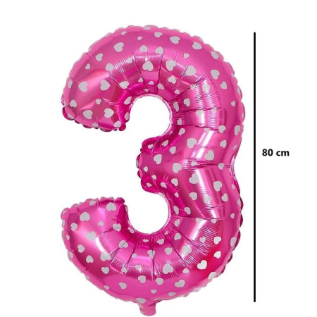 Balon din Folie Metalizata Cyrax, Figurina Cifra, Imprimeu Inimi, Tema Aniversare 80 cm, Ambalaj Individual, Pai inclus, Umflare cu Aer sau Heliu, Roz, Cifra 3