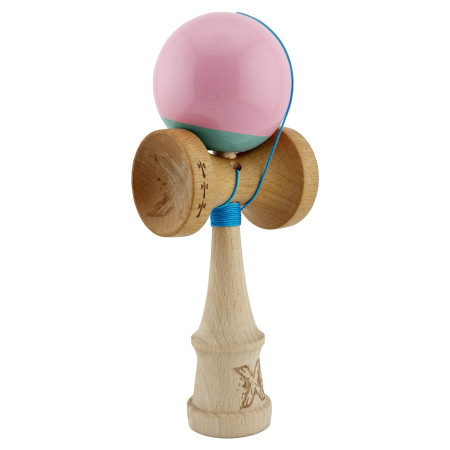Kendama X Originala, Profesionala, Cyrax, Big Cups V2, Super Sticky cu Cupe Mari, Rulment Metalic, din lemn 18 cm, Ata 55 cm, Roz/Verde