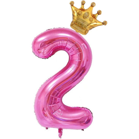 Balon din Folie Metalizata Cyrax, Figurina Cifra si Coroana, Tema Aniversare 100 cm, Ambalaj Individual, Pai inclus, Umflare cu Aer sau Heliu, Roz, Cifra 2
