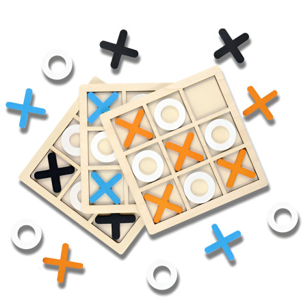Jucarie Montessori Tic Tac Toe, Cyrax, Educativa, Interactiva, din lemn, X si O, 9 Piese, 14.3x14.3 cm, Portocaliu Alb