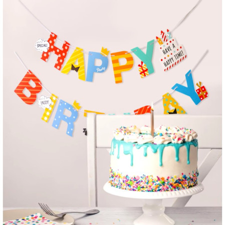 Banner Happy Birthday 100x200 cm, Cyrax, Rola de Ata Inclusa, Tematica Aniversare, Multicolor