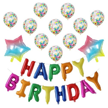 Cyrax Set 12 Baloane si 1, Set pentru Aniversare, mesaj Happy Birthday, din folie de aluminiu, 30 -45 cm, Cu paiete, latex si folie, Multicolor