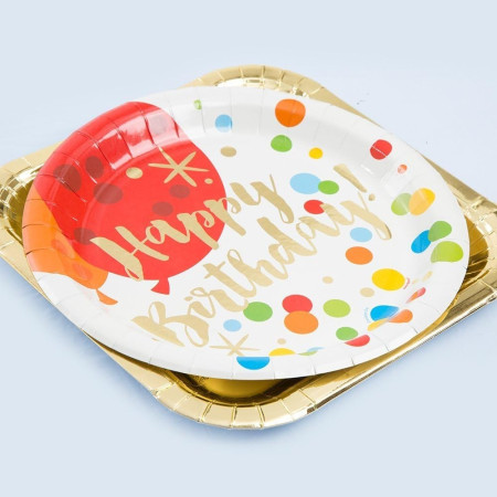 Set 10 Farfurii Unica Folosinta, Cyrax, Imprimeu Happy Birthday Buline, din Carton, Diametru 18 cm, Multicolor