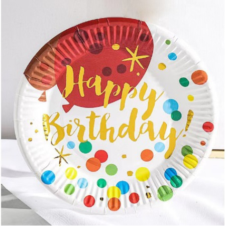 Set 10 Farfurii Unica Folosinta, Cyrax, Imprimeu Happy Birthday Buline, din Carton, Diametru 18 cm, Multicolor