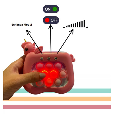 Jucarie Interactiva Pop It Whack A Mole, Cyrax, Tip Consola, Anti-Stres, 4 Moduri de Joc, din ABS si Silicon, +3 Ani, Model Unicorn, Roz