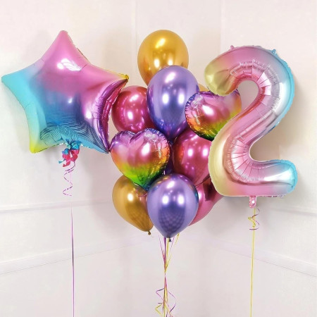 Balon din Folie Metalizata Cyrax, Figurina Cifra Gradient, Tema Aniversare 40 cm, Ambalaj Individual, Pai inclus, Umflare cu Aer sau Heliu, Multicolor, Cifra 2