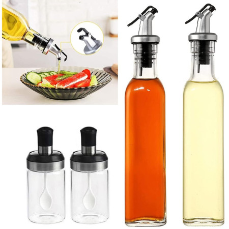 Sticle si Borcane de Ulei de Masline, Cyrax, Dozator Set 4 Bucati, 2 Sticle cu Dispenser 500 ml/buc, 2 Borcane pentru Condimente cu Capac si Lingura 120ml/buc, Transparent