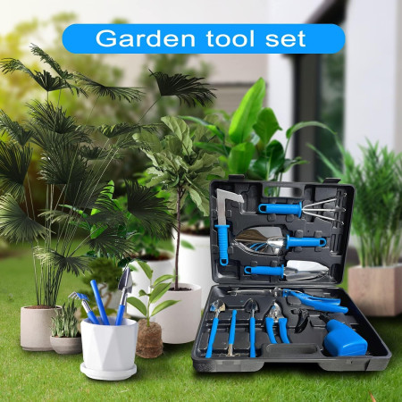 Set 10 Unelte de Gradina,  pentru Plantare Prelucrare Sol si Ingrijire Plante, Manere Albastre, Material PVC si Otel Inoxidabil, Cutie Inclusa, 37x28x7 cm, Negru