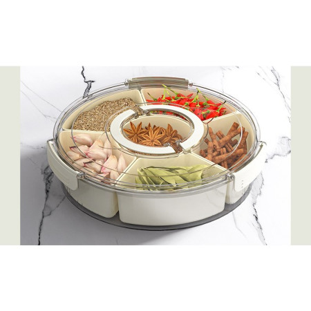 Cutie de Depozitare pentru Alimente, Cyrax, cu 6 Compartimente, pentru Condimente, Fructe, Legume, cu Manere de Prindere, Rotativa 360 de Grade, Inchidere Ermetica, 32x10 cm, Alba