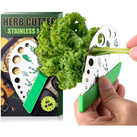 Tocator manual pentru ierburi Cyrax, instrument de curatat frunze, margini ascutie, 9 gauri de diferite dimensiuni, multifunctional, material otel inoxidabil, maner ergonomic, rezistent la rugina, 12.3 x 6.9 cm, argintiu