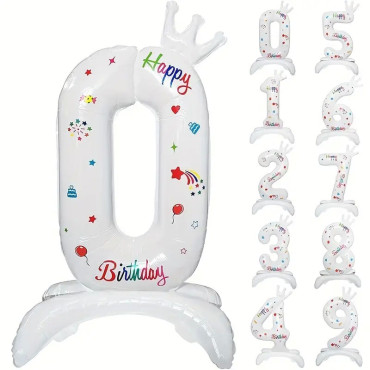 Balon din Folie Metalizata, Cyrax, Figurina Cifra, Model 0 cu Happy Birthday Scris, Tema Aniversare 81 cm, Ambalaj Individual, Pai Inclus, Umflare cu Aer sau Heliu, Alb