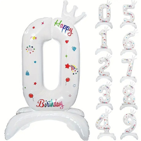 Balon din Folie Metalizata, Cyrax, Figurina Cifra, Model 0 cu Happy Birthday Scris, Tema Aniversare 81 cm, Ambalaj Individual, Pai Inclus, Umflare cu Aer sau Heliu, Alb