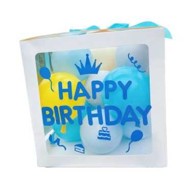 Cutie pentru Baloane, Cyrax, Tematica Aniversare, Model Scris Happy Birthday, Baloane Albastre, Albe, Galbene si Panglica Incluse, Contur Alb, Transparenta, 30x30 cm