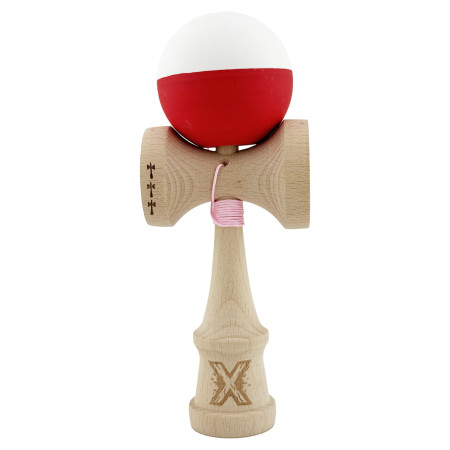 Kendama X Originala, Profesionala, Cyrax, Big Cups V2, Rubber Grip cu Cupe Mari, Rulment Metalic cu Ata 55 cm, Alb/Rosu